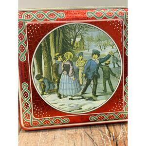 Vintage Red English Tin Winter Scene Victorian Ice Skaters Made in England